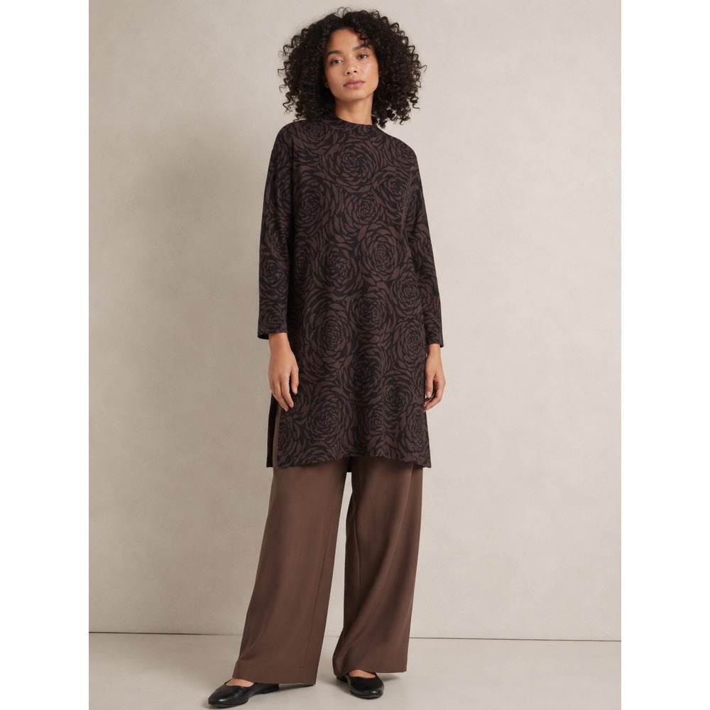 Masai Copenhagen Brown Rose Floral Mock Neck Tunic‎ Top Womens Medium 3/4 Sleeve